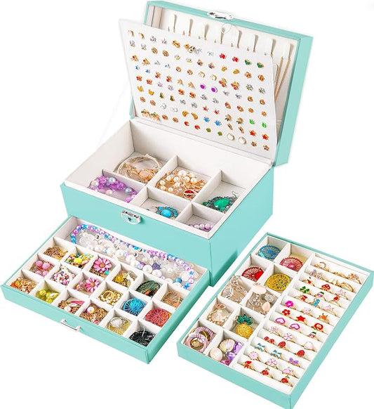 QBestry Earrings Jewelry Box for Girls, 5 Layers Jewelry Organizer with Earring Holder Organizer for Girls Earring Organizer Jewelry Boxes for Women Earrings and Necklaces Jewelry Box Organizer Teal by QBestry