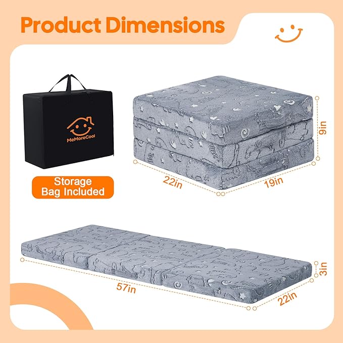 MeMoreCool Glow Dinosaur Kids Foldable Floor Mattress Trifold, 57x22 Inch | Glow dinosaur trifold futon for daycare, playroom, camping and travel rest - Image 3