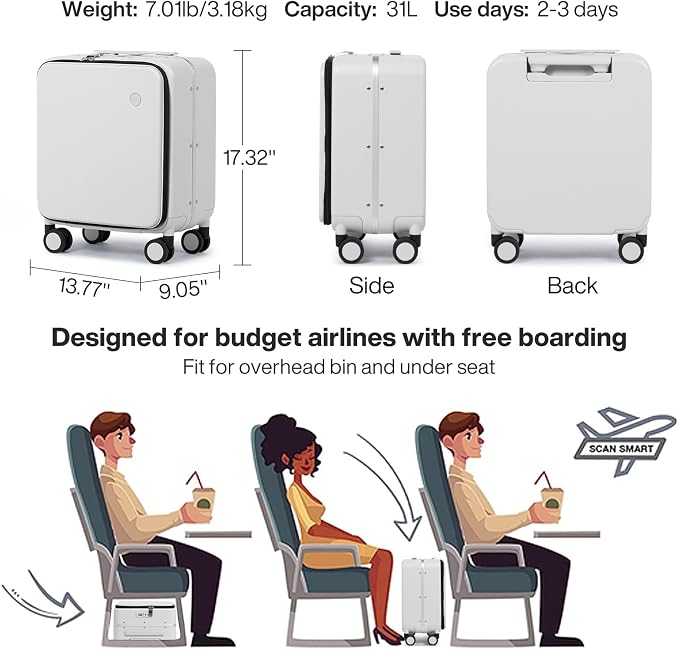 mixi 17x14x9 Carry On Luggage Underseat PC Hard Shell Suitcase Top Opening Aluminum Frame Travel Suitcases with Wheels, Smoke White - Image 6