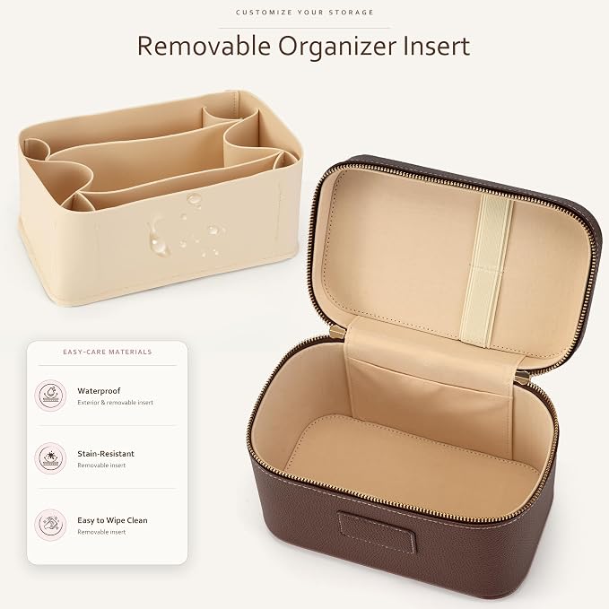 Makeup Bag Travel Toiletry Leather Cosmetic Case, Waterproof Makeup Organizer with Brush Holder, Wipe Clean Removable Divider Vanity Train Bag for Women, Brown Coffe - Image 2