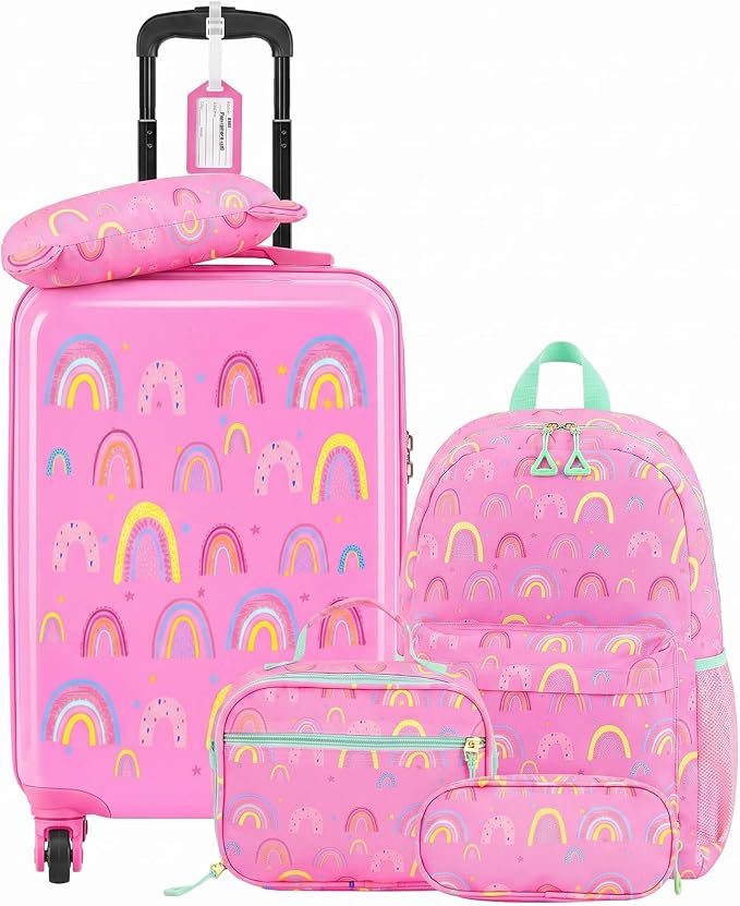 Redbaker 6 Pcs Kids Luggage Set, 17 Inch Rolling Suitcase with Backpack Lunch Bag Neck Pillow, Pink Rainbow Travel Set for Summer Vacation Sleepover Back to School Gift by Redbaker