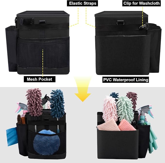 Wearable Large Cleaning Caddy Bag for Housekeeper, Clean Supply Organizer with Adjustable Shoulder, Waist & Handle Straps, Detailing Bag for Kitchen Supplies (Black) - Image 5