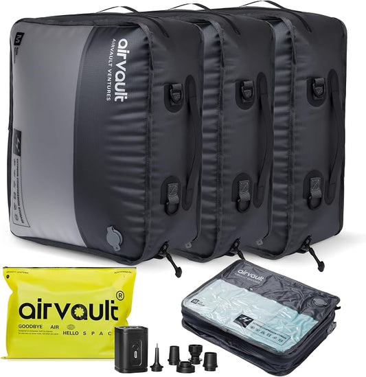 AirVault Reusable Vacuum Compression Travel Bag for Carry-On Suitcase and Backpack, Recycled IPX8 Waterproof Space Saver Vacpack (21L Gray (3-Pack) (Air Pump Included) by AirVault