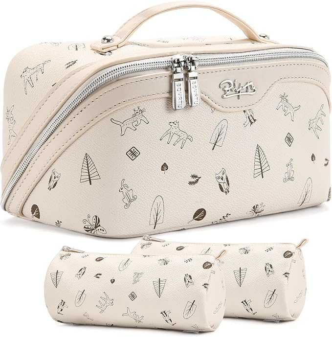 BOYATU Travel Makeup Bag Cosmetic Bags for Women: 3 Pcs Set Portable Make up Bag with Handle - PU Leather Toiletry Bags with Compartments - Makeup Organizer for Travel Essentials(L-4-White) by BOYATU