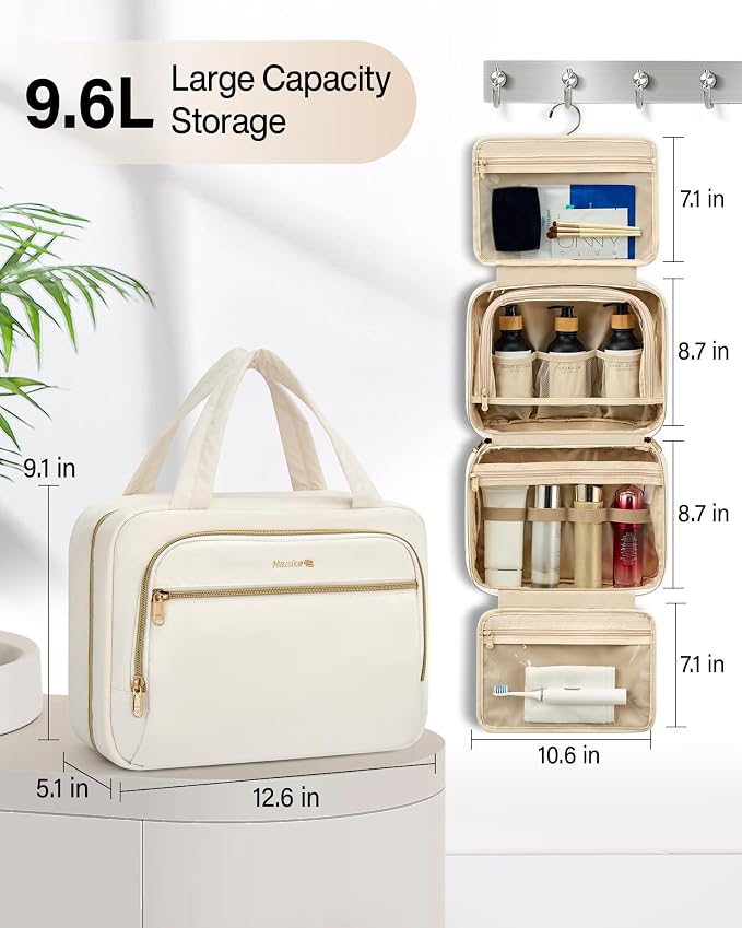 Hanke Hanging Travel Toiletry Bag for Women, Water-Resistant Makeup Organizer with Hook, Cosmetic Bag for Bathroom & Travel Essentials Accessories, Off White - Image 4