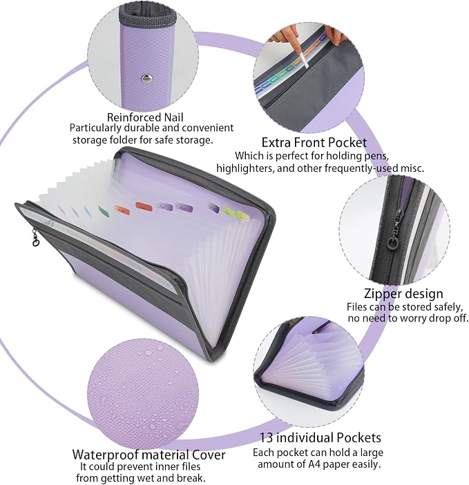 NAFY Accordian File Organizer, 13 Pockets Expanding File Folder with Zipper, A4 Letter Size Portable Accordion Expanding File Folders with Multicolor Labels for Office School Supplies (Black+Purple) - Image 3