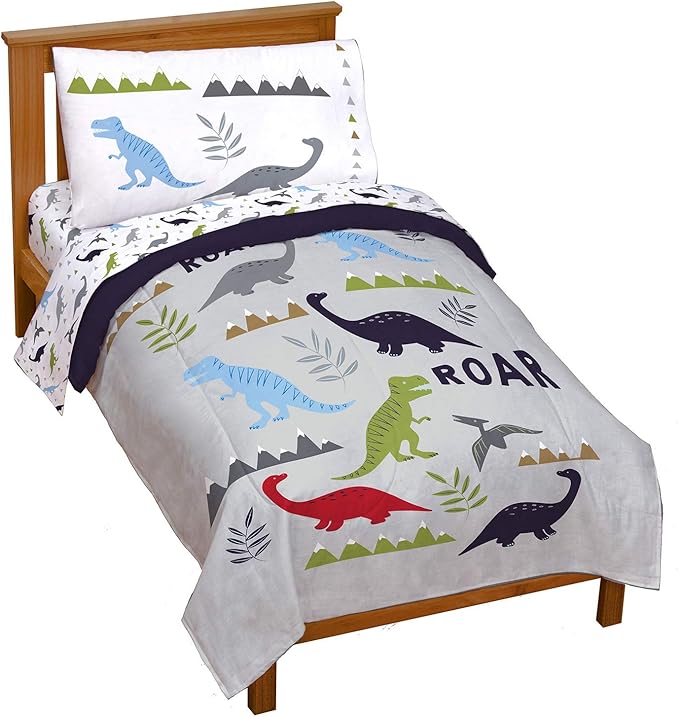 Trend Collector Dinosaur Toddler Comforter Set 4 Piece Bedding, Gray | Bed in a Bag, Comforter Sheets Pillowcase, Official Brand, Soft Microfiber, Machine Washable, Easy Care, Boys Gift by JayFranco
