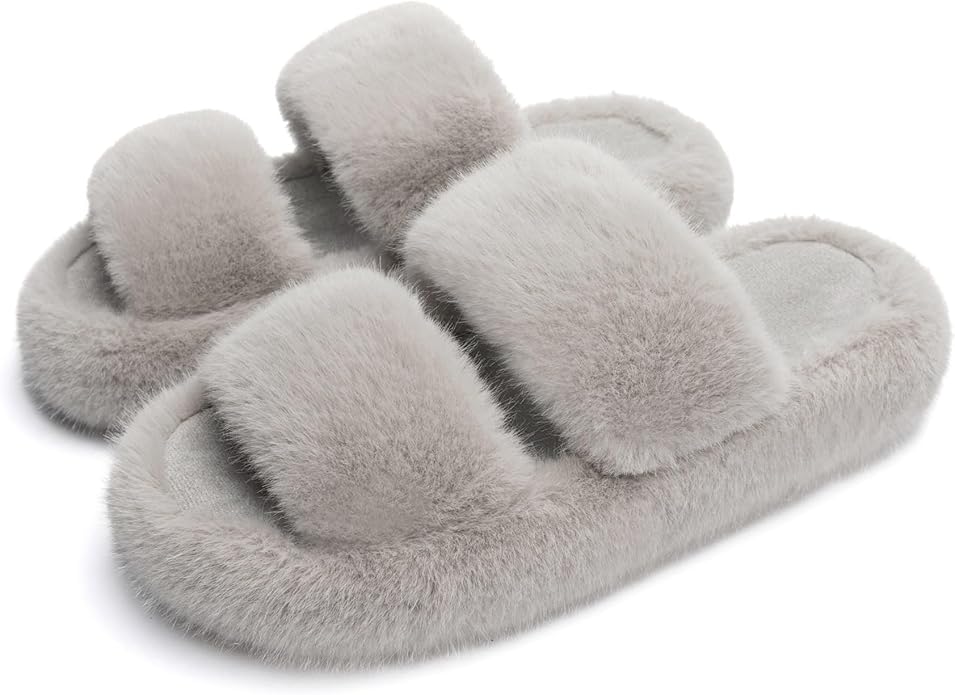 Chantomoo Women's Memory Foam Fuzzy Comfy Faux Fur House Shoes - Furry Bedroom Indoor Open Toe Slippers with Two Bands - Trendy Gift Slippers