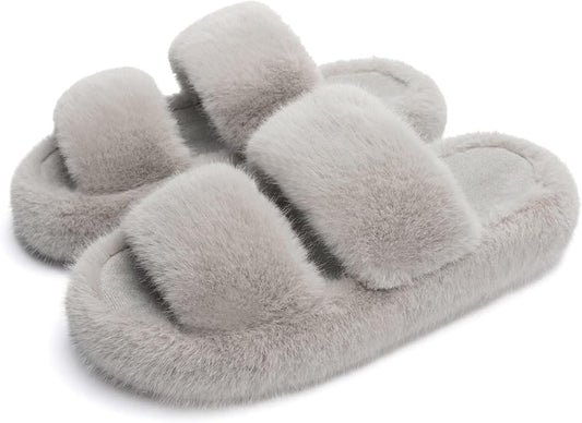 Chantomoo Women's Memory Foam Fuzzy Comfy Faux Fur House Shoes - Furry Bedroom Indoor Open Toe Slippers with Two Bands - Trendy Gift Slippers