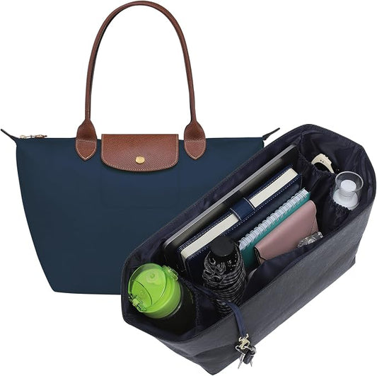 Doxo Purse Organizer Insert for Longchamp Le Pliage Large, 6-Compartment Bag Organizer with YKK Zipper Pocket, Cup Holder, Key Chain, Waterproof DupontPaper Lightweight Handbag Shaper (Black Blue,L) by Doxo