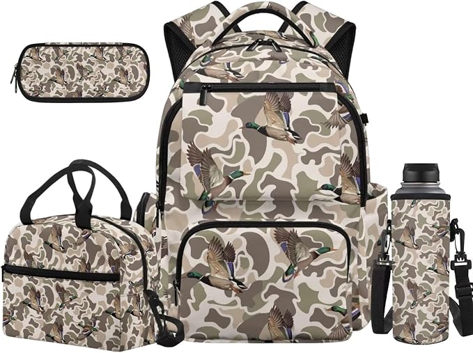 Mallard Duck Camo Kids Backpack Set 4Pcs, 17 Inch School Bag | Water Bottle Holder, Durable 600D Multi-Pocket Design, for Elementary Middle School Students, Great Back to School Gift by Unknown