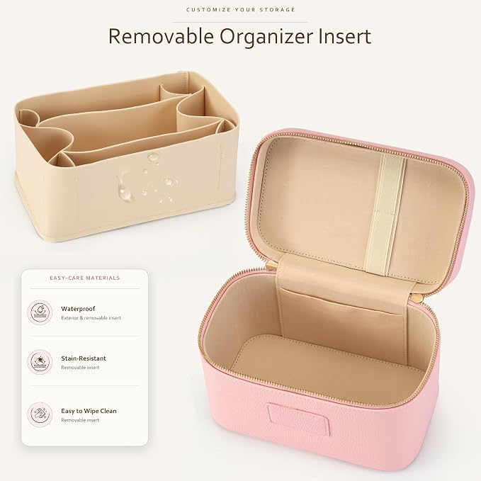 Makeup Bag Travel Toiletry Leather Cosmetic Case, Waterproof Makeup Organizer with Brush Holder, Wipe Clean Removable Divider Vanity Train Bag for Women, Pink - Image 2