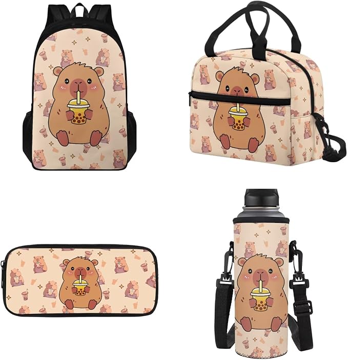 Capybara Milk Tea Backpack for School, Girls School Bags with Water Bottle Carrier Lunch Boxes Pencil Cases for Kids Student Bag Daypack Set 4 in 1 by Tomeusey