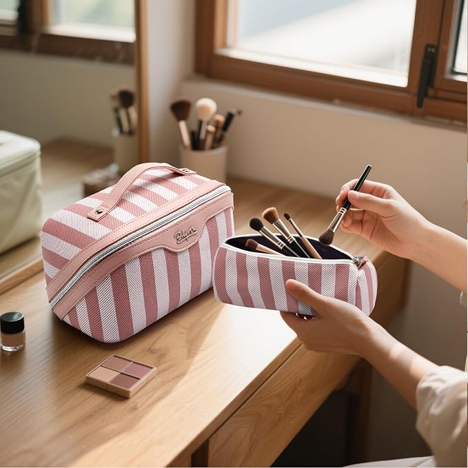 BOYATU Travel Makeup Bag for Women: Large Cosmetic Bag Set of 3 - PU Leather Make up Bag with Compartments - Compact Waterproof Toiletry Bag with Divider & Handle (B-1-Pink) - Image 6