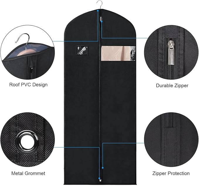 Syeeiex 60'' Garment Bags for Hanging Clothes(Set of 8), Dress Bags for Gown, Garment Bag for Dresses Long, Dress Garment Bag for Suit, Evening Dresses, Fur Coat, Long Dress Gown(Black) - Image 3