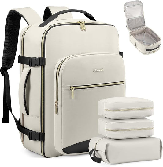 LOVEVOOK Travel Backpack for Women & Men 40L,Airline Approved Carry On Backpack Travel Essentials,TSA Carry on Luggage,Waterproof Personal Item Travel Bag,Suitcase with 3 Packing Cubes,Beige-Black by LOVEVOOK
