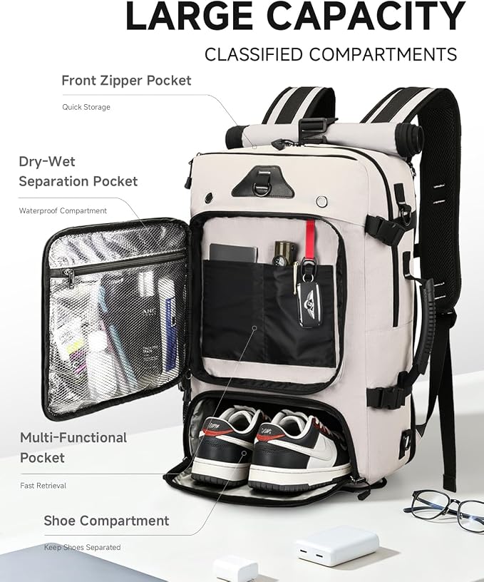 Travel backpack for men,40L Large Carry on Backpack Durable Convertible Duffle Bag with Shoe Compartment Fit for 16 Inch Laptop for travel, camping,Weekender Hiking Beige - Image 3