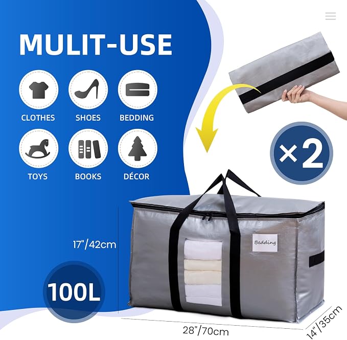 TAILI Extra Large Moving Bags, 2 Pack Silver Heavy Duty Totes For Storage with Visible Window, Wrap Around Handles, Storage Bags for Space Saving, Alternative to Moving Boxes - Image 2