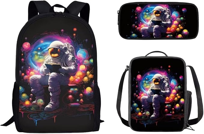 Mumeson Colorful Bubble Astronaut Backpacks Big Capacity Bookbag School Bags Set Portable Insulated Lunch Bag with Side Mesh Pocket Small Pencil Case Back to School Supplies 3 Pack Set by Mumeson