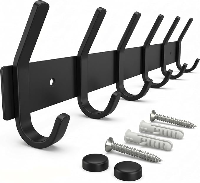 Coat Rack Wall Mount – 17 Inch Stainless Steel Hook Rail with 6 Double Coat Hooks for Hanging – Wall Mounted Entryway Organizer for Coats, Hats, Bags, Towels, Robes, Bedroom or Bathroom - Black by SAYONEYES