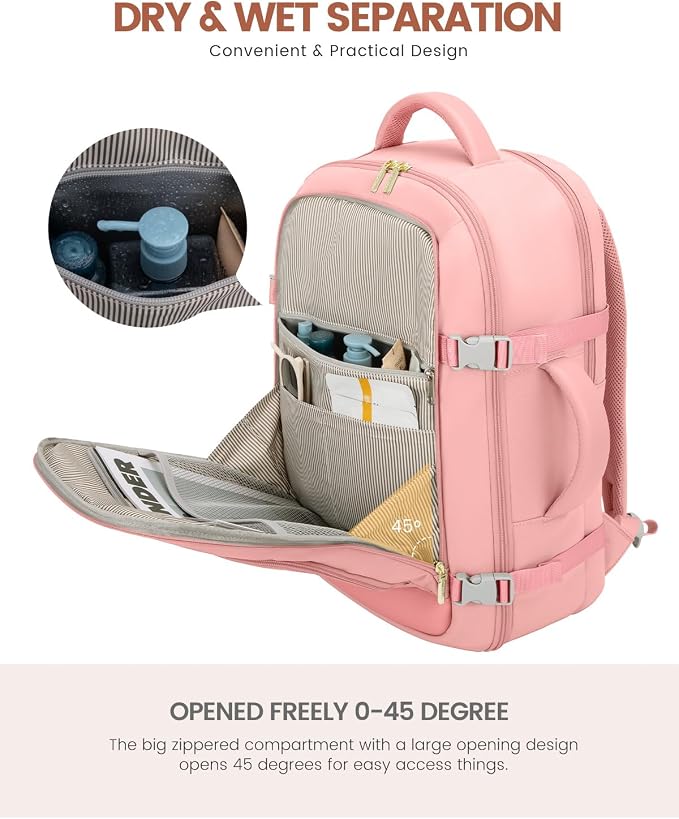LOVEVOOK Travel Backpack For Women, 40L Carry On Backpack Flight Approved, TSA Personal Item Backpack Fits 17 Inch Laptop, Business Weekender Overnight Waterproof Daypack With 2 Packing Cubes, Pink - Image 7