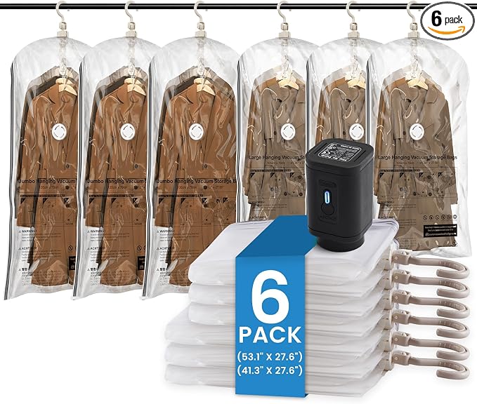TAILI Hanging Vacuum Storage Bags with Electric Pump, Vacuum Seal Bags for Clothing Travel, Space Saving Hangers for Clothes, Suits, Coats and Jackets, Set of 6 (3 Long, 3 Short) by TAILI