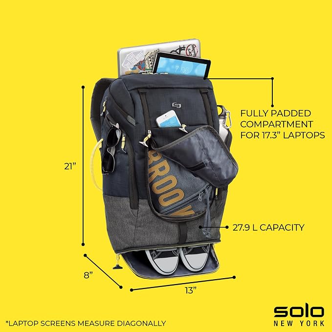 Solo New York Travel Backpack for Women & Men - Lightweight Carry On Bag, Separate Shoe Compartment, Padded Straps, Fits 17.3" Computer - Everyday Max, Navy - Image 3