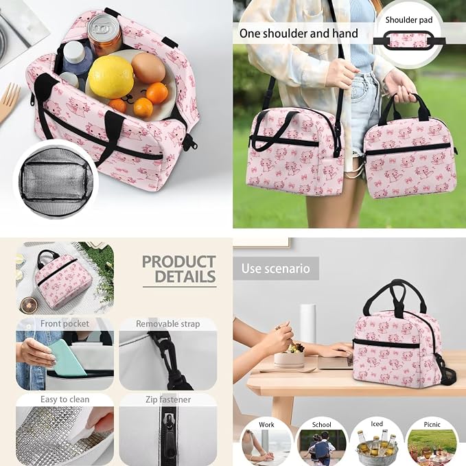 3Pcs Axolotl Bow Backpacks Set for school, Kids Bookbag Students Knapsack with Insulated Lunch Box Pencil Case for Teens Girls - Image 3