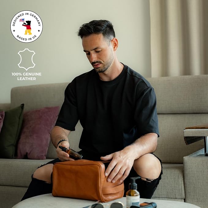 BERLINER BAGS Vintage Genuine Leather Toiletry Bag Tim XL, Large Capacity Cosmetics Bag for Men and Women for Travel, Gift for Dad - Brown - Image 3