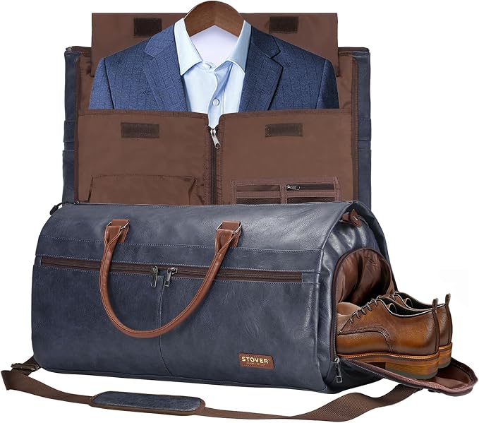 STOVER Garment Travel Duffle Bag, Large 2-in-1 Convertible Carry-on Luggage for Men & Women- Hanging Suits, Dresses & Clothes + Shoe Compartment- Weekender Tote Combo Duffel (Blue Leatherette) by STOVER