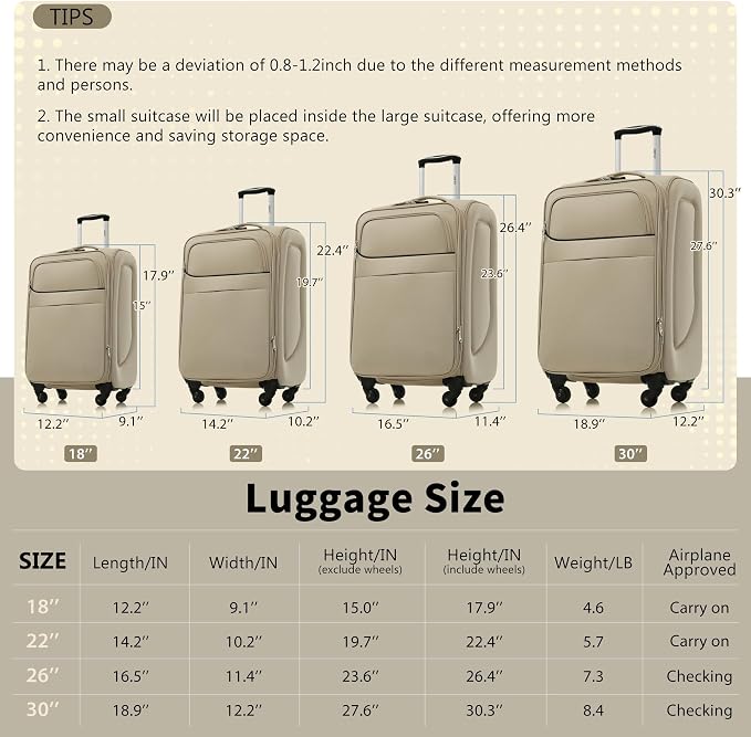 Merax Softside Luggage Set 4 Piece,18/22/26/30 Expand Suitcase,Khaki | Lightweight Travel Suitcase with Wheels, Luggage with TSA Lock, Suitcase,Carry On Checked Luggage Set - Image 8