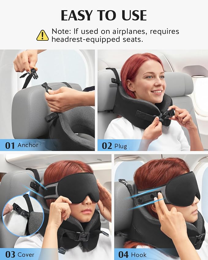 YFONG Travel Pillow for Long Flight Airplane, Head Strap Combo with 3D Contoured Sleep Eye Mask, Neck Pillow for Travel Essential, 360° Support Memory Foam Headrest, Prevent Bobbing, Drawstrap - Black - Image 6