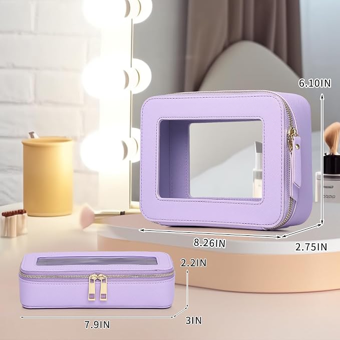 Pinkmik Travel Clear Makeup Bag with Brush Case TSA Approved Toiletry Bag Waterproof Cosmetic Organizer with Zipper Car Essential for Women (X/Purple, M+SLIM) - Image 4
