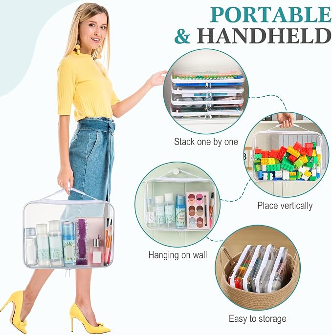 Sanwuta 4 Pcs Clear Hard Zipper Case with Handle Office Storage Cases Hard Plastic Pouches Transparent Bins for Crafts, Snacks, Cosmetics, Puzzles(12.6 x 9 x 2 Inches,White) - Image 6
