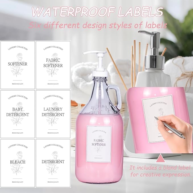 2 Pcs Glass Liquid Laundry Detergent Dispenser, Half Gallon Dispenser for Laundry Room (64 oz. Each), Laundry Detergent Bottles with Pump Dispenser -Includes Labels, Measuring Cups,Wooden Stand - Image 4