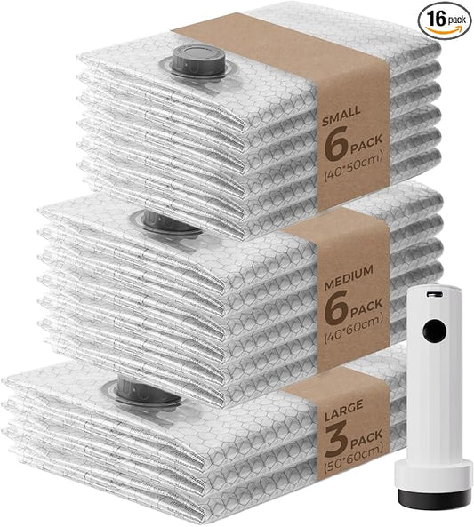 Vacuum Bags for Clothing with Rechargeable Air Pump, 15 Pack Vacuum Seal Bags for Travel, Space Saver Bags for Luggage and Suitcases, Compression Packing Bags in Multiple Travel Size by VOLLYC