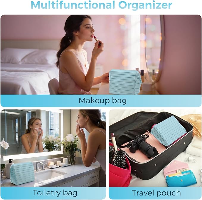 Travel Makeup Organizer Bag with Fold-Down Design and Adjustable Dividers, 27 Pockets & 3 Brush Storage Holders, Large Capacity Cosmetic Bags Toiletry Case - Light blue - Image 5