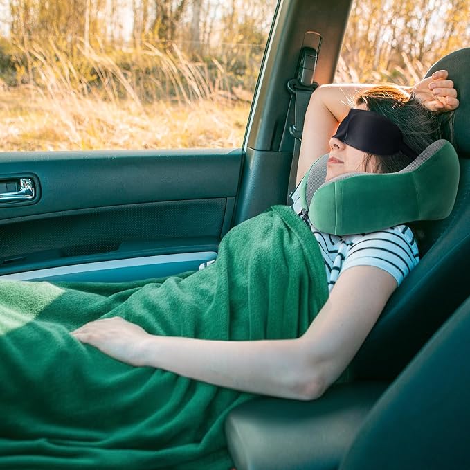 urnexttour Travel Pillow and Blanket Set Neck Pillows Travel Essentials with Sleep Mask for Airplane Car Memory Foam Green - Image 6