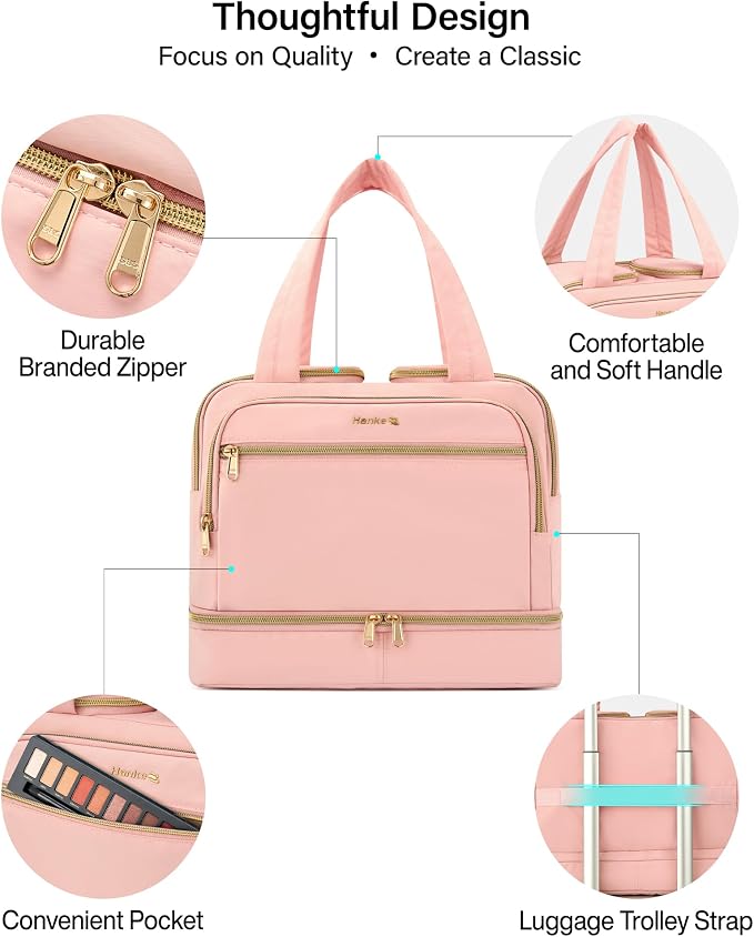 Hanke Travel Toiletry Bag, Lightweight Wide-open Large Toiletry Bags for Women, Dual-Layer Makeup Bag Water-Resistant Cosmetic Travel Bag with Handle for Accessories, Essentials, Pink - Image 7