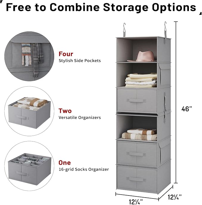 Vailando 6-Tier Hanging Shelves for Closet, Two 3-Shelf Hanging Closet Organizer w/ 4 Side Pockets and 3 Drawers, Combinable for Dorm Wardrobe Organizer and RV Storage and Organization - Image 3