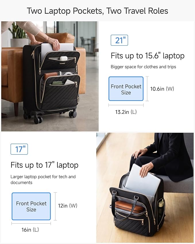 LUGGEX 2-Piece Carry On Luggage Set with Wheels, 17" Underseat Bag & 21" Expandable Carry On Suitcase, Lightweight Softside Travel Set with Spinner Wheels, Black(UX-Core, Black, 2 Piece 17/21 Inch) - Image 7