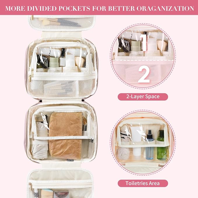 MDODO Travel Toiletry Bag for Women Hanging Cosmetic Organizer with Brush Compartment Makeup Bag for Full Sized Travel Essentials, Pinkish Purple - Image 6