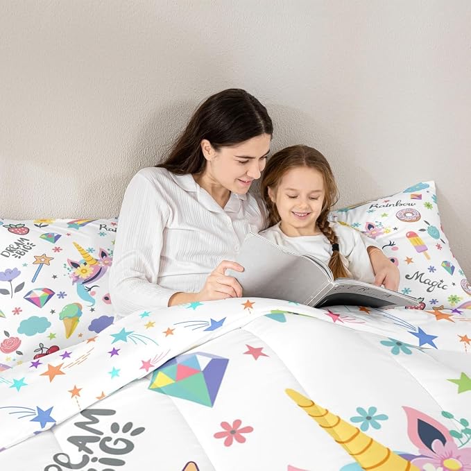 Unicorn Comforter Set For Kids, Strawberry Cherry Bedding Set Fantasy Rainbow Duvet Insert For Girls Boys Children Bedroom Decor, Cartoon Animal Dessert Duvet Sets With 2 Pillow Cases, Queen Size - Image 5