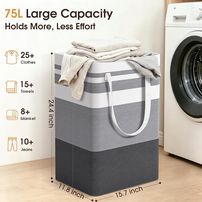 HomeHacks 2 Pack Large Laundry Baskets, Waterproof, Freestanding Laundry Hampers, Collapsible Clothes Hamper with Reinforced Handles in Laundry Room, College Dorm, Bathroom, Bedroom (Grey, 75Lx2) - Image 3
