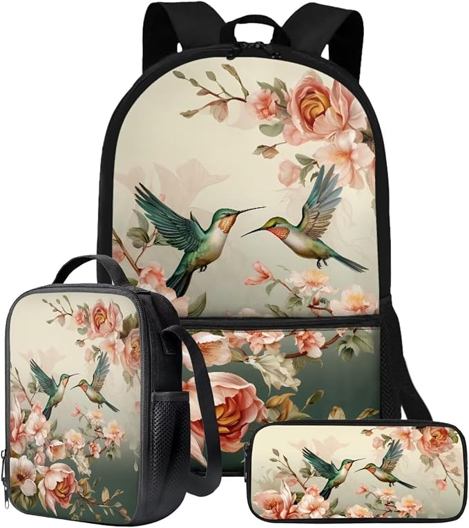 Rose Floral Hummingbird Print Backpack Set 17 Inch Schoolbag Large Capacity Bookbag Lunch Box Pencil Case Casual Rucksack Lightweight Daypack with Ergonomic Straps for Hiking by ZIATUBLES