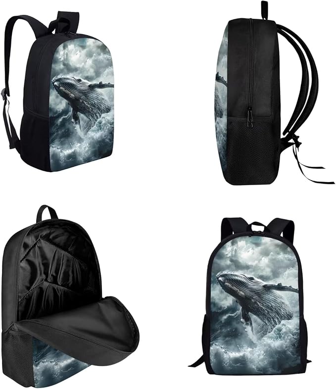 17 Inch Animal Print School Backpack And Lunch Box Set for Kids Lightweight Stormy Sea Whale Backpack for Boys Girls Sturdy School Bag with Insulated Lunchbox Pencil Case Student Bookbag - Image 3
