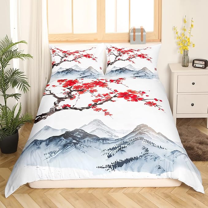 Cherry Blossoms Comforter Cover Twin Size for Girls Women Japanese Red Floral Decor Bedding Set Adult Teens Japanese Style Ukiyoe Theme Soft Duvet Cover Mount Fuji Pattern Bedspread with Zipper Ties - Image 2
