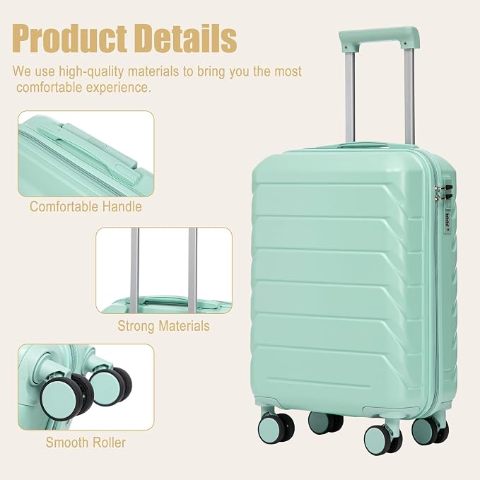 GDFStudio 20" ABS Hardshell Checked Luggage, Medium Capacity Travel Suitcase with Scratch Resistant Surface, 360° Silent Spinner Wheels, Combination Lock, Telescopic Handle and Side Hooks, Mint Green - Image 4
