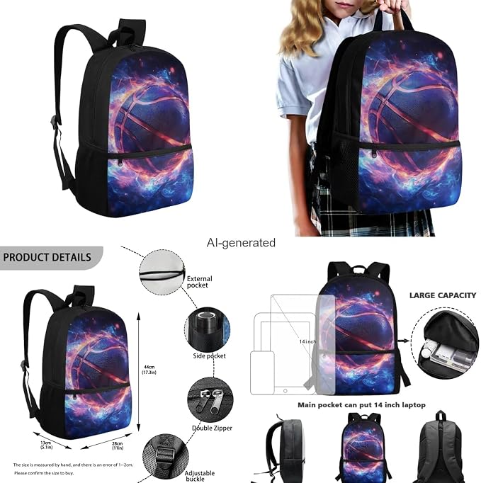 Fire Basketball Backpack for School Boys Backpack with Lunch Box Water Bottle Carrier with Strap and Soft Pencil Case 4PCS Set Bookbag with Front Pocket 17 inch Lightweight School Bag for Kids - Image 3
