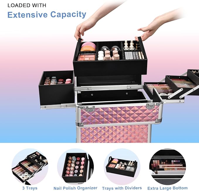 Stagiant Rolling Makeup Train Case Large Storage Cosmetic Trolley 4 Tray with Sliding Rail Removable Middle Layer with Key Swivel Wheels Salon Barber Case Traveling Cart Trunk - Image 3